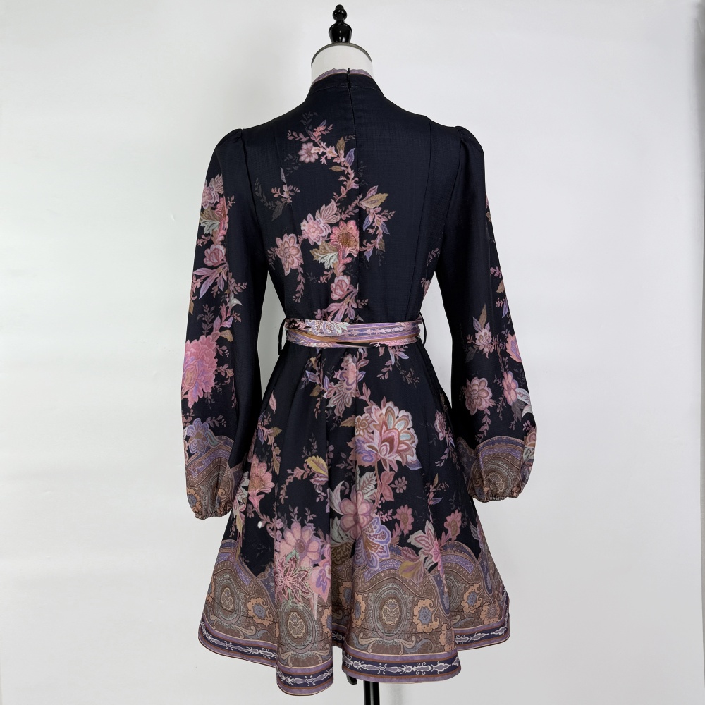 Printing lantern sleeve cstand collar retro dress