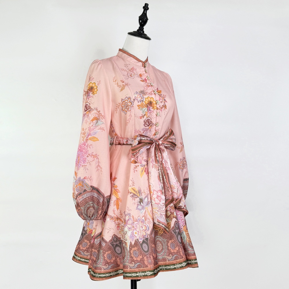 Printing lantern sleeve cstand collar retro dress