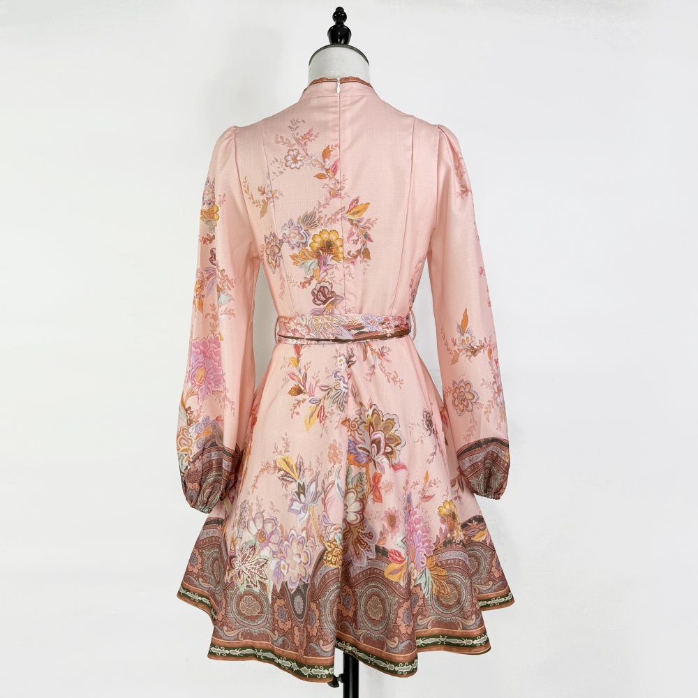 Printing lantern sleeve cstand collar retro dress