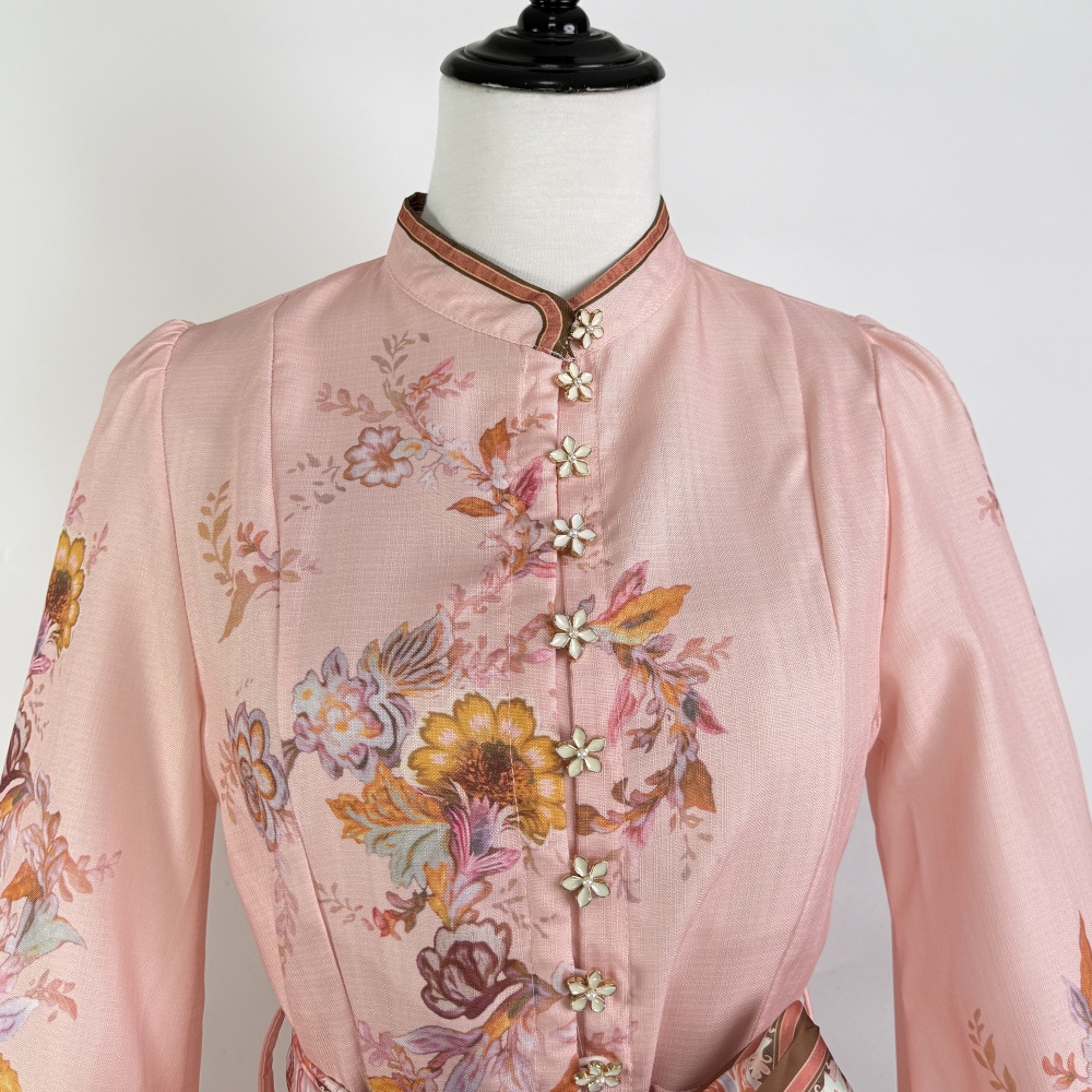 Printing lantern sleeve cstand collar retro dress