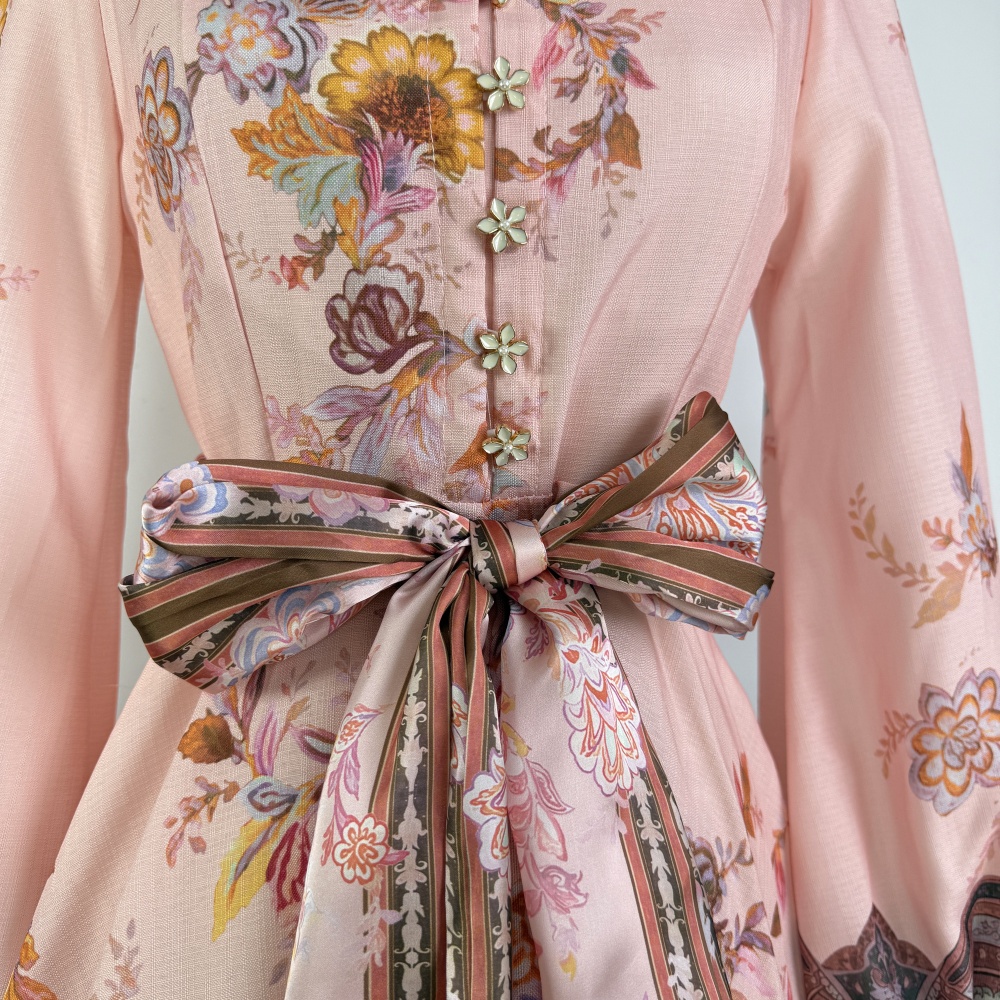 Printing lantern sleeve cstand collar retro dress