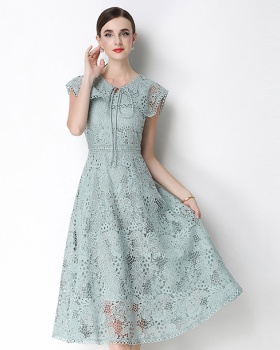 Slim short sleeve long hollow lace dress