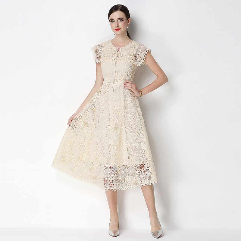 Slim short sleeve long hollow lace dress