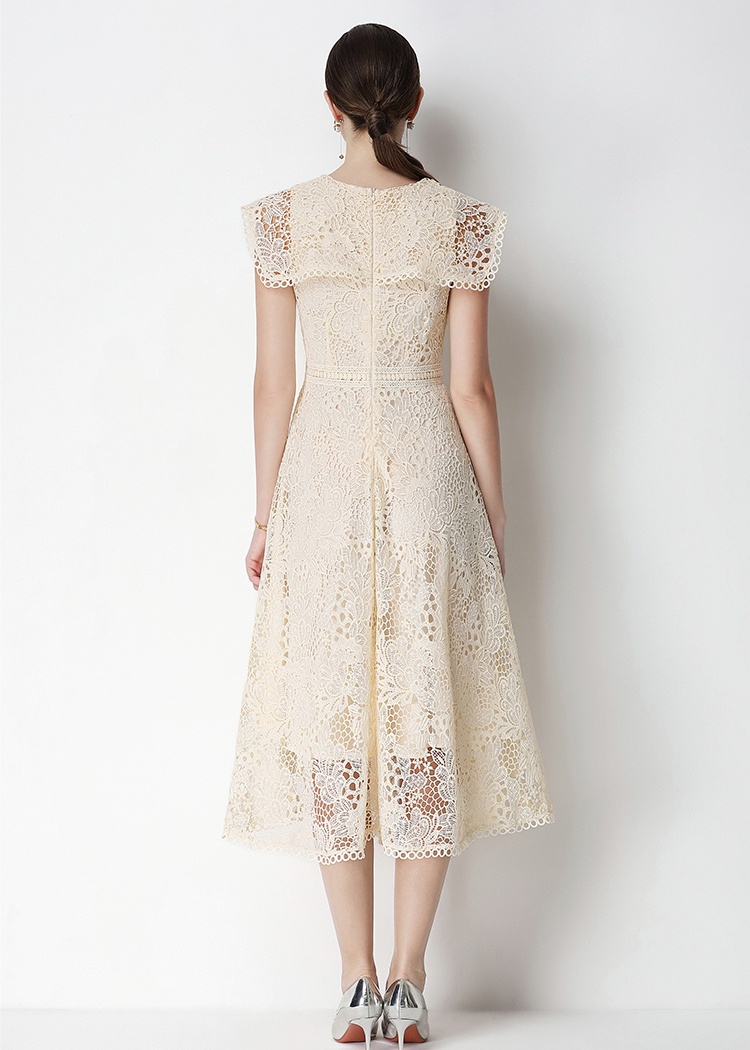 Slim short sleeve long hollow lace dress