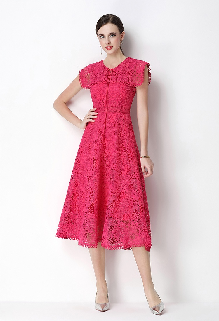 Slim short sleeve long hollow lace dress