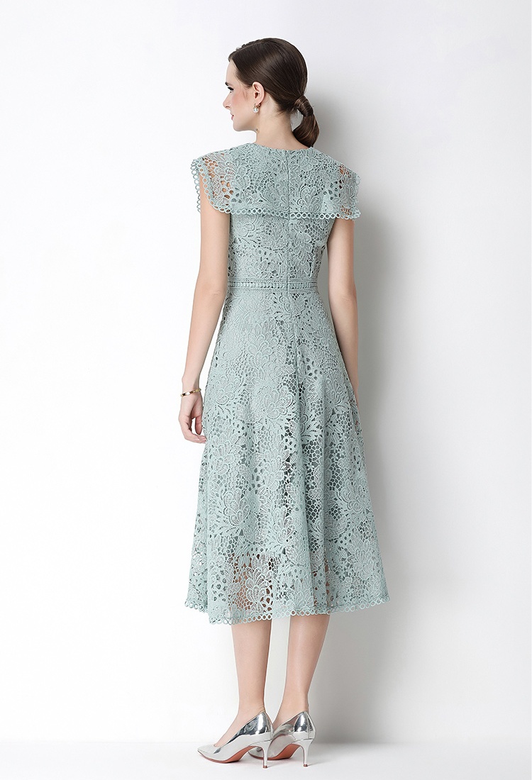 Slim short sleeve long hollow lace dress