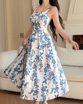 France style summer printing long sleeveless elegant dress