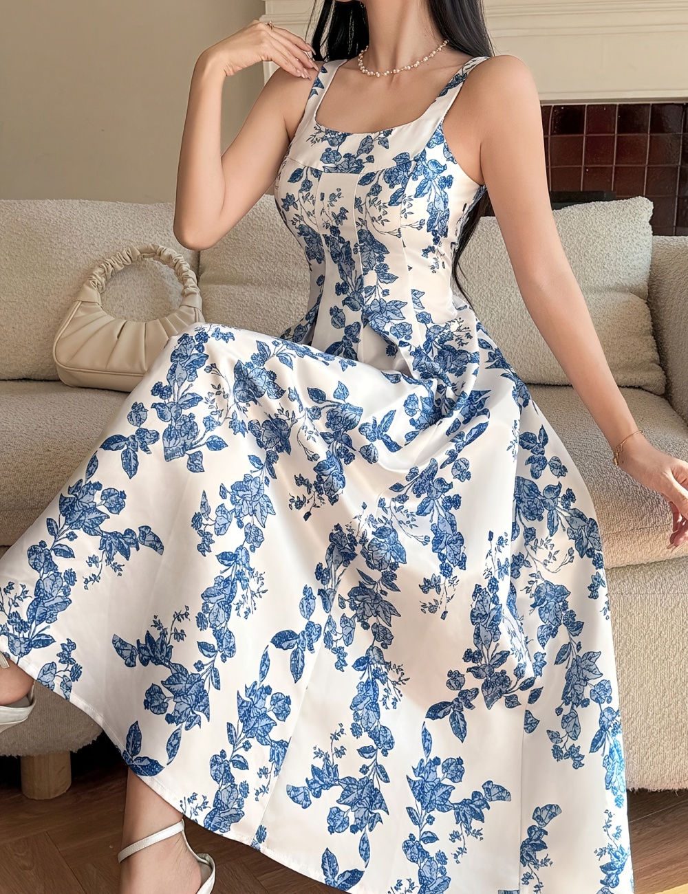 France style summer printing long sleeveless elegant dress