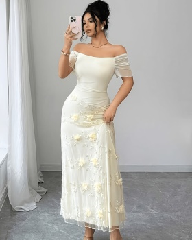 Stereoscopic mesh slim strapless elegant splice long summer dress