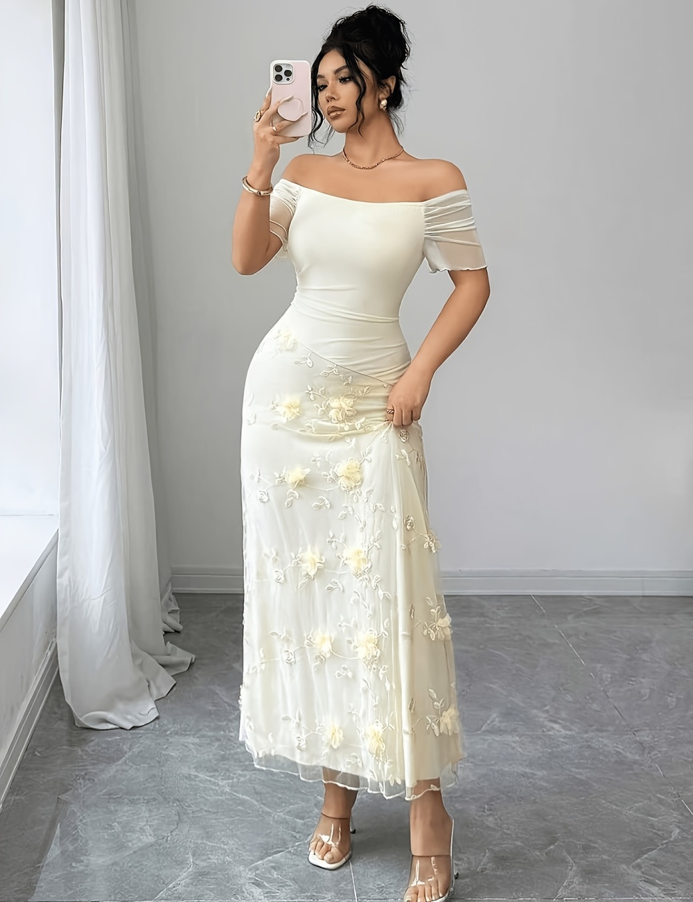 Stereoscopic mesh slim strapless elegant splice long summer dress