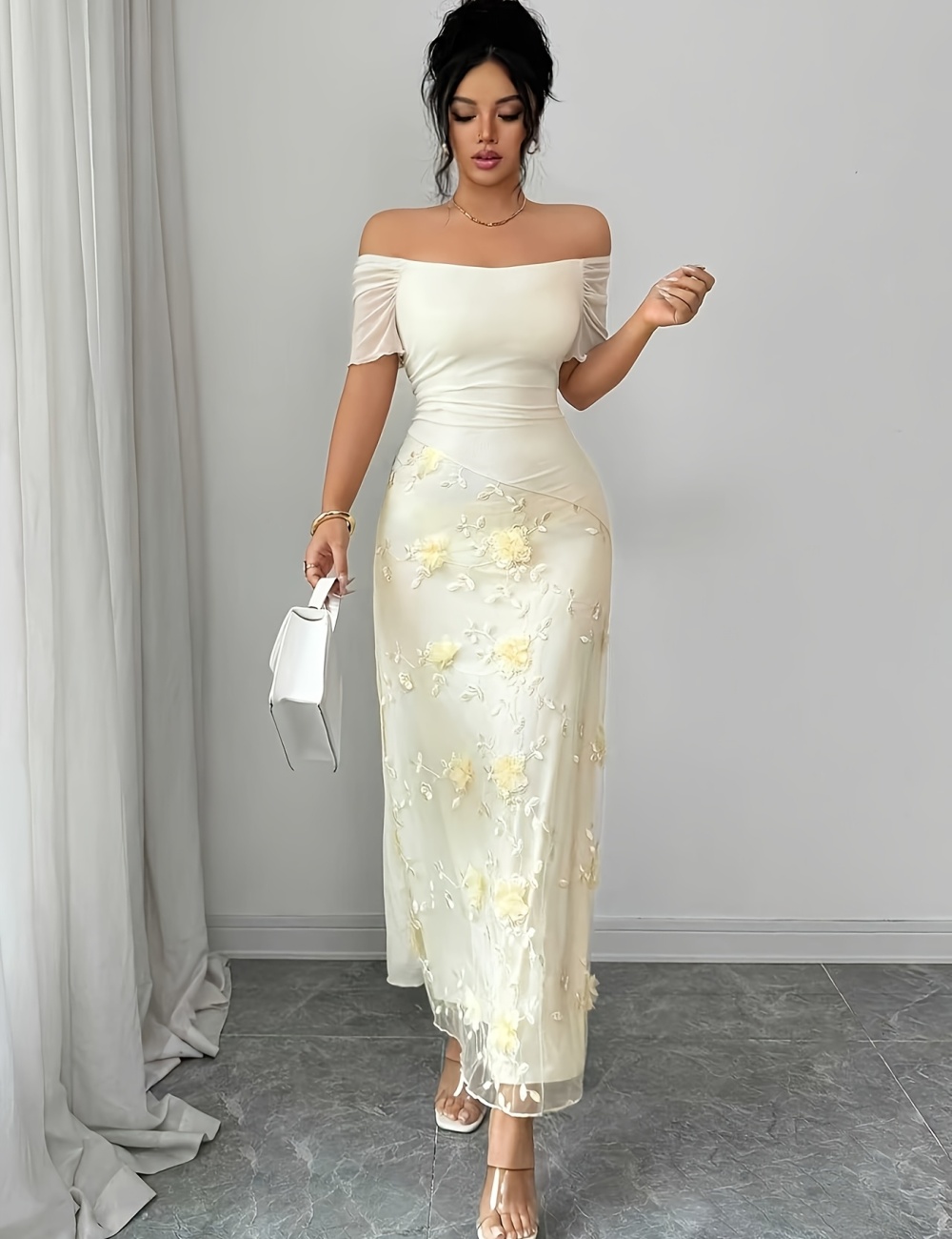 Stereoscopic mesh slim strapless elegant splice long summer dress