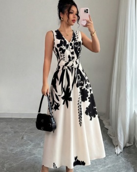 Pinched waist summer elegant long printing dress for women