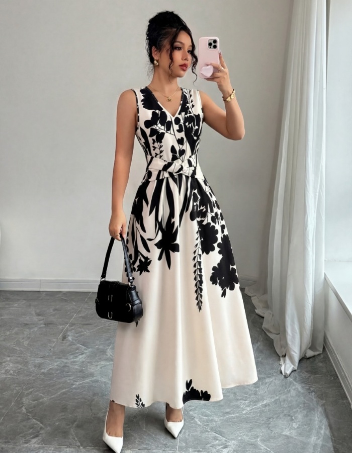 Pinched waist summer elegant long printing dress for women
