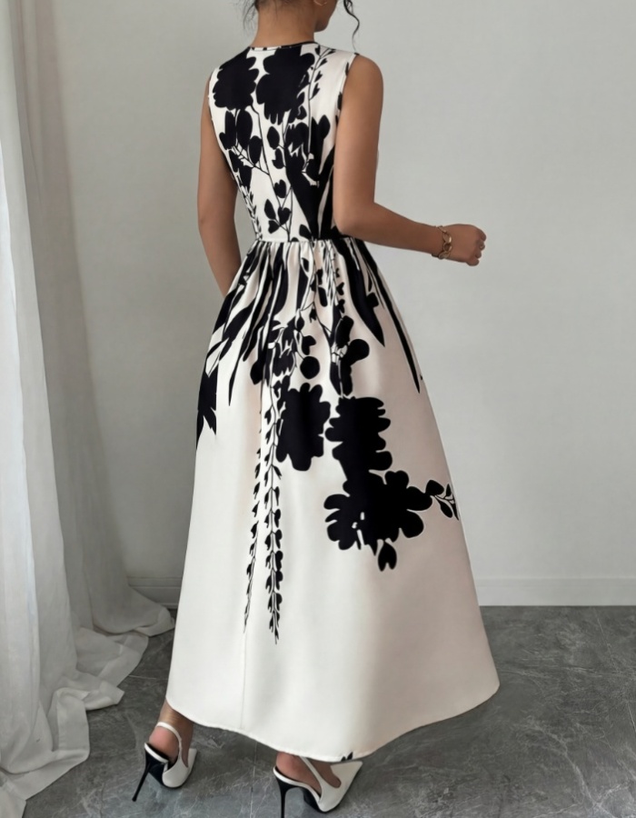 Pinched waist summer elegant long printing dress for women