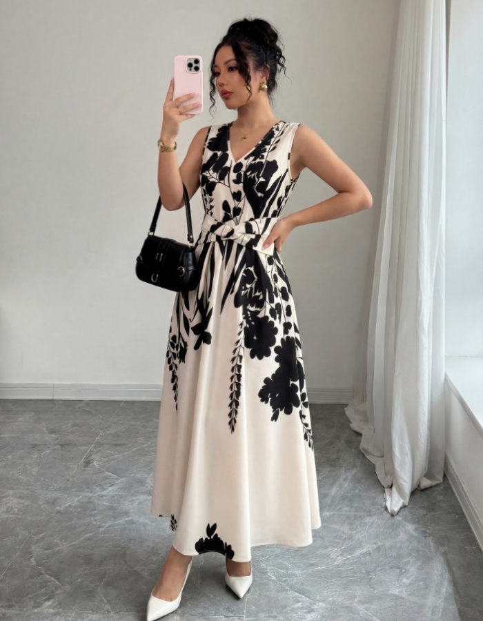 Pinched waist summer elegant long printing dress for women