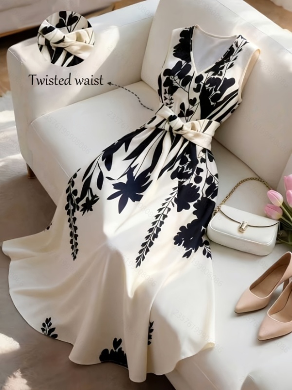 Pinched waist summer elegant long printing dress for women