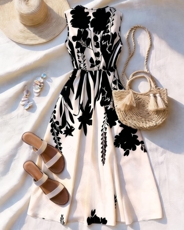 Pinched waist summer elegant long printing dress for women