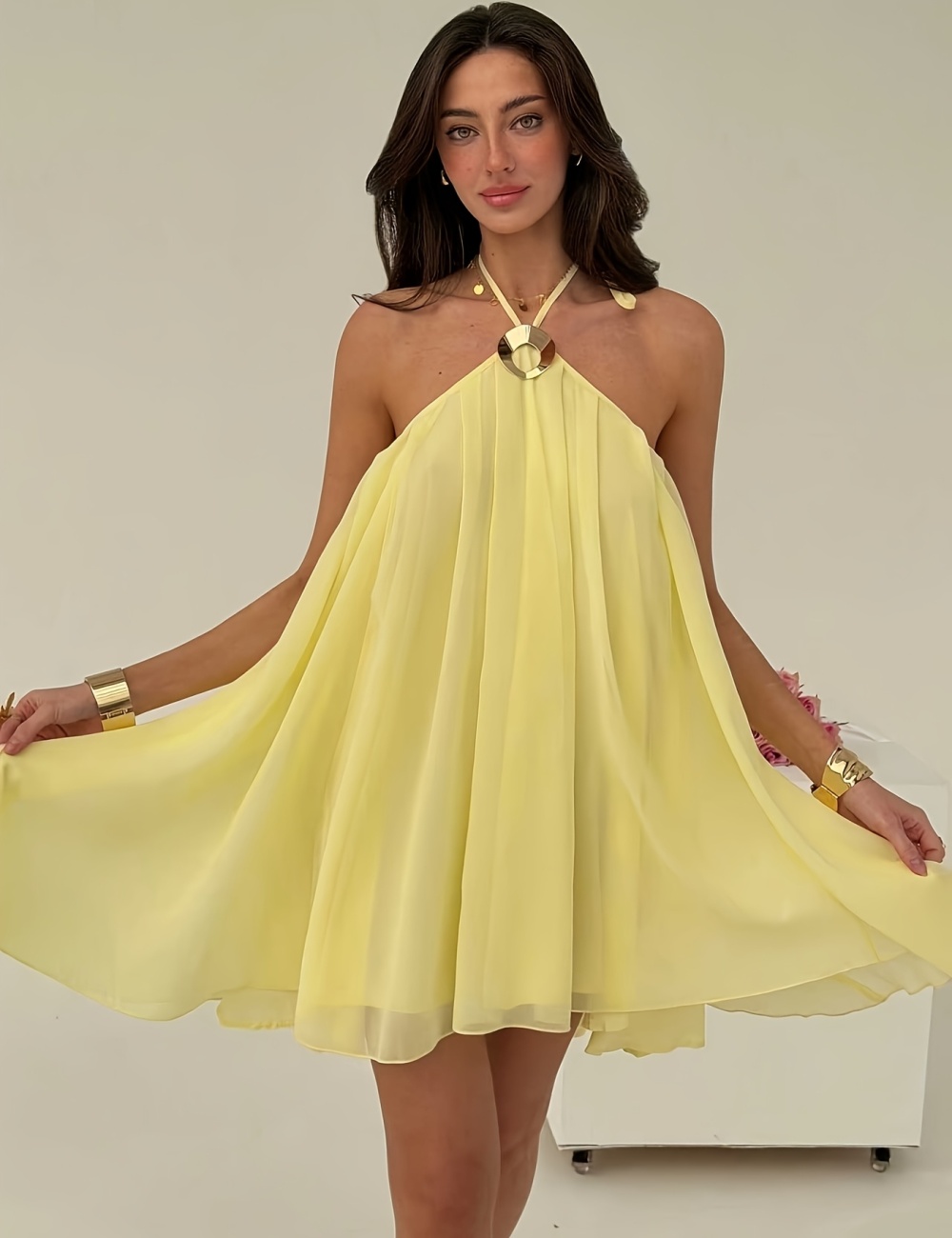 Halter summer sling metal decoration dress for women