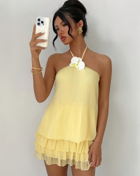Fashion sexy mini halter flowers decoration dress for women