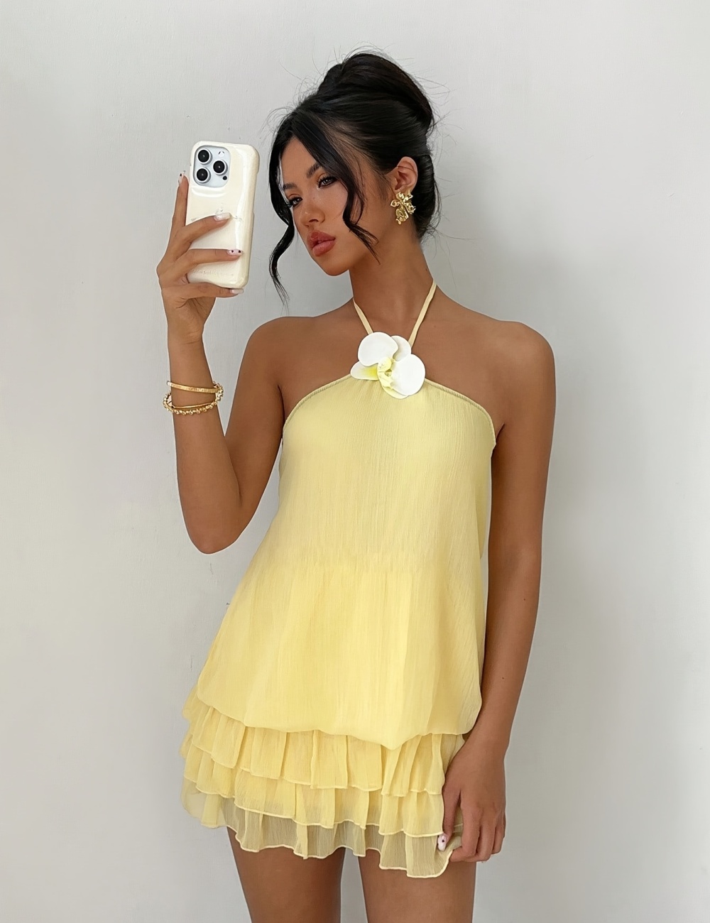 Fashion sexy mini halter flowers decoration dress for women