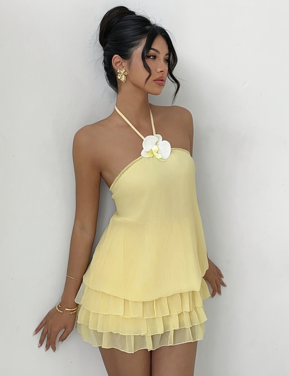 Fashion sexy mini halter flowers decoration dress for women