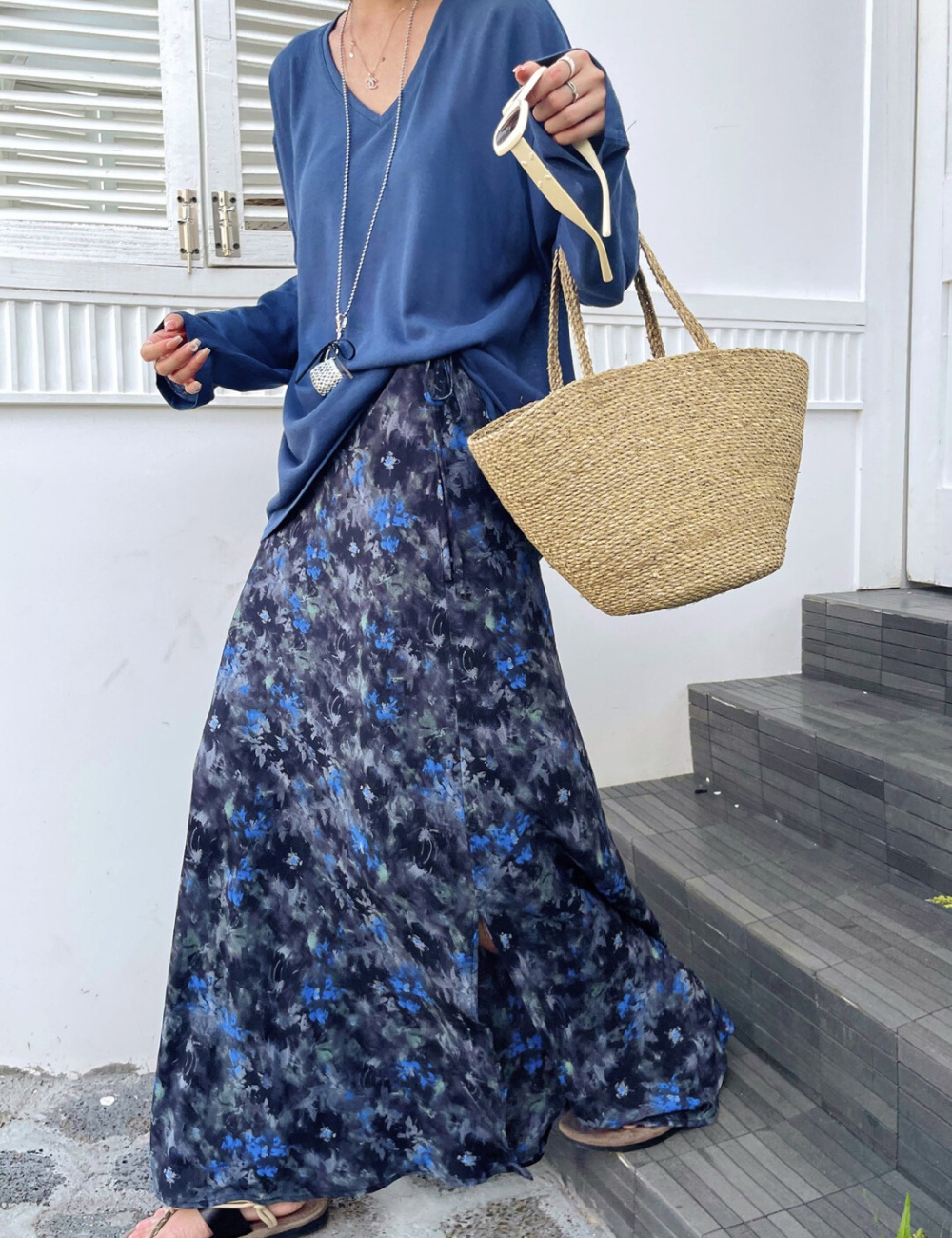 A-line mixed colors temperament floral long frenum skirt