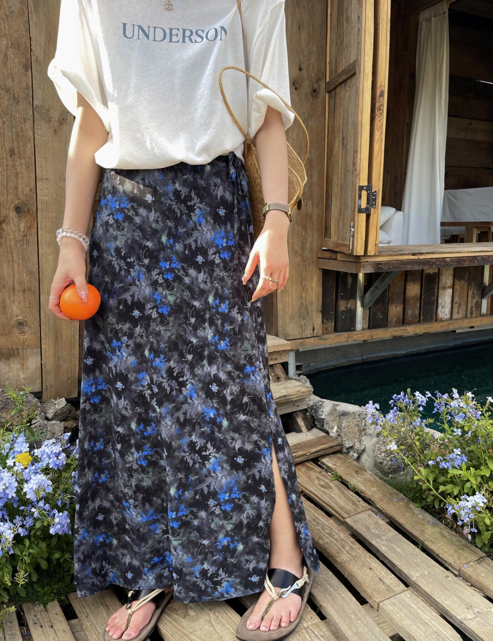 A-line mixed colors temperament floral long frenum skirt
