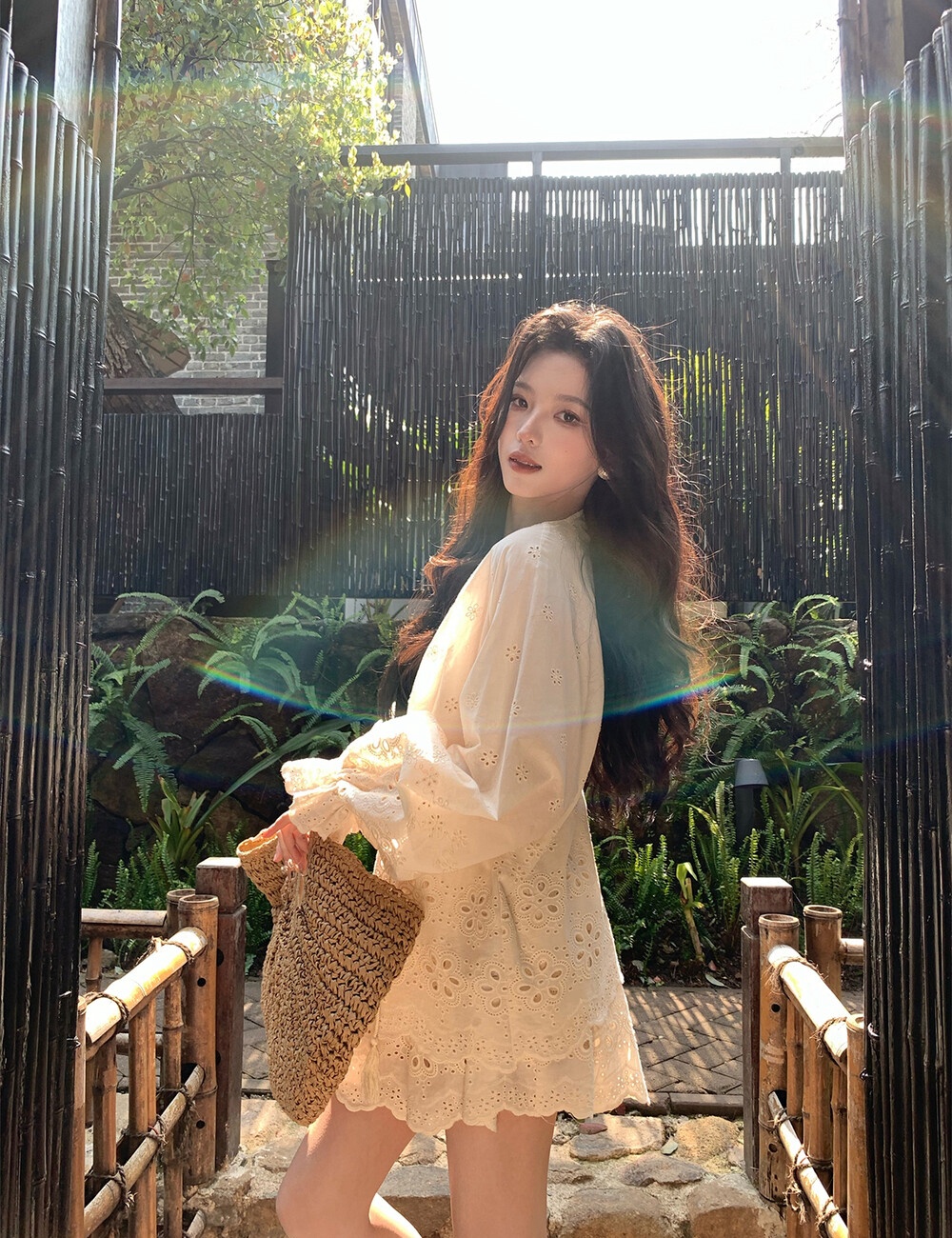 Hollow lace tops spring and summer skirt a set