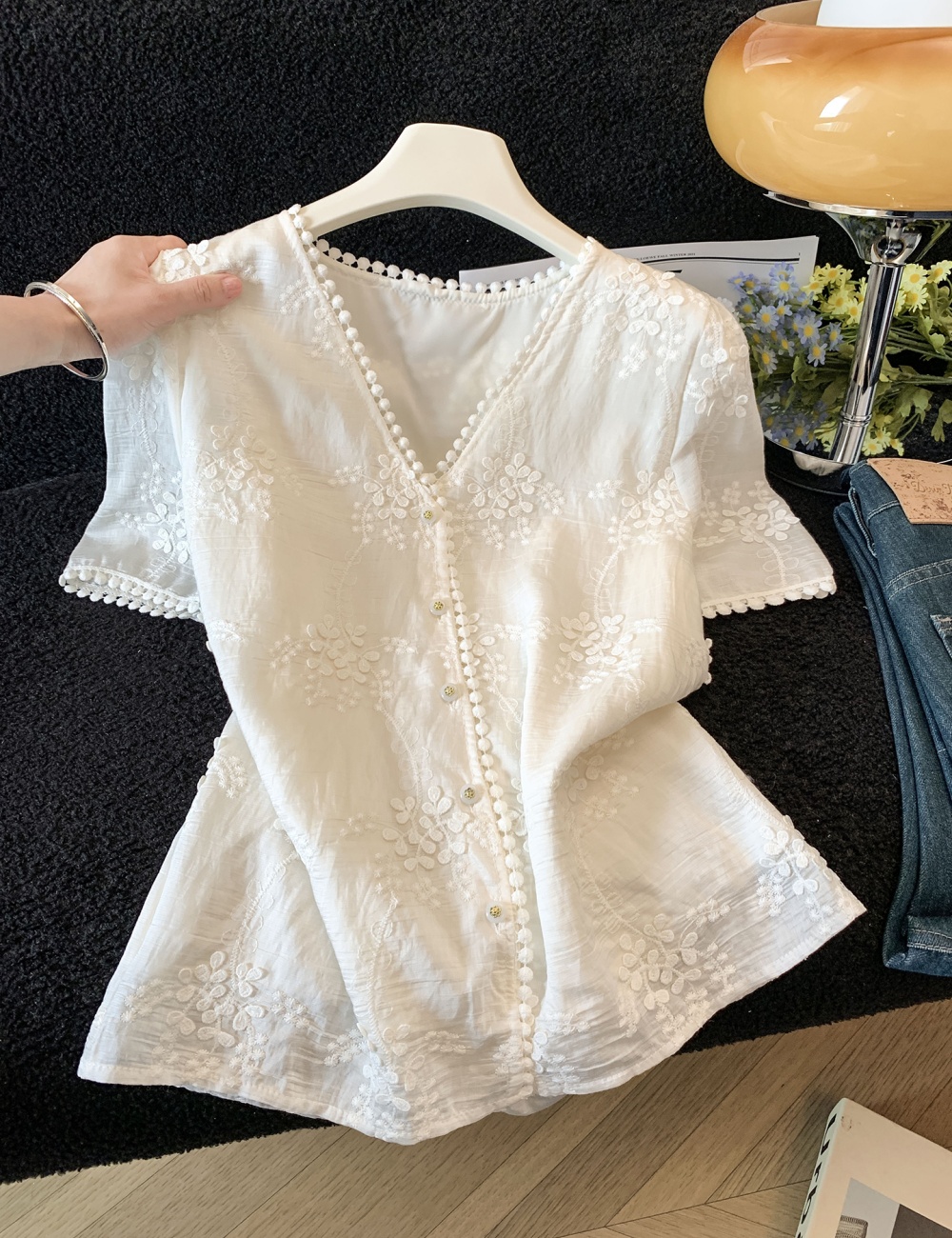 Thin summer small shirt lace tops for women