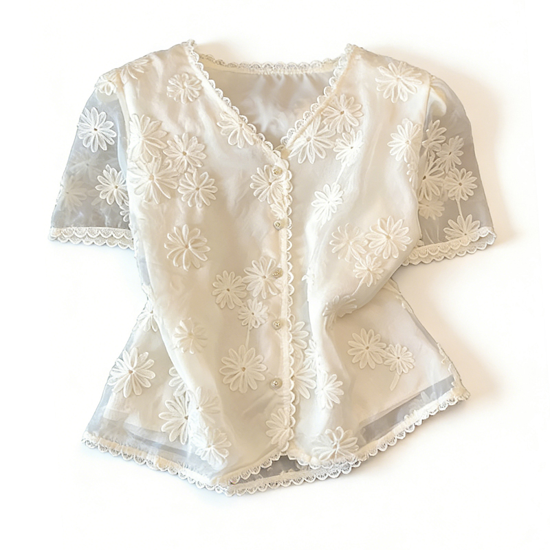 Chiffon embroidery shirts slim tops for women