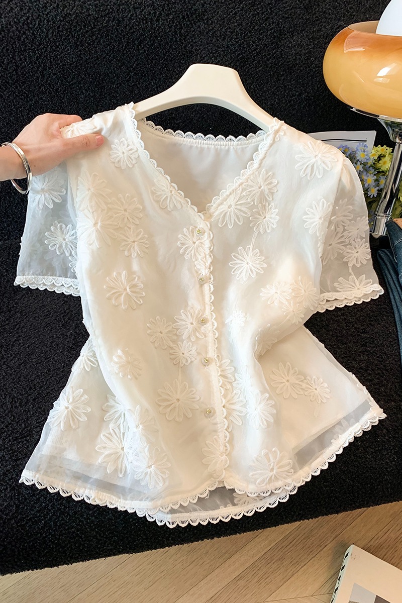 Chiffon embroidery shirts slim tops for women