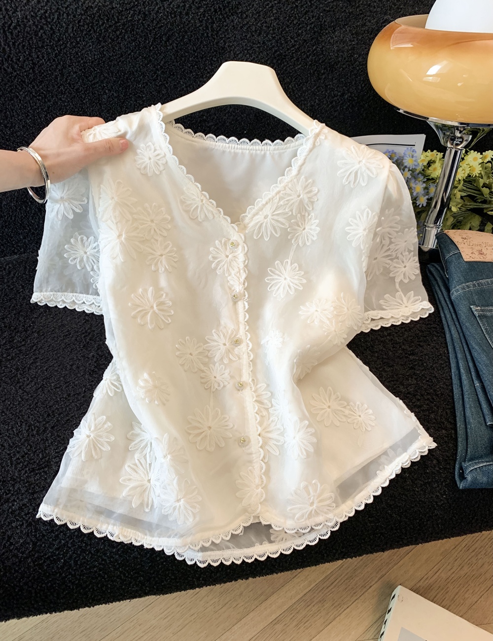 Chiffon embroidery shirts slim tops for women