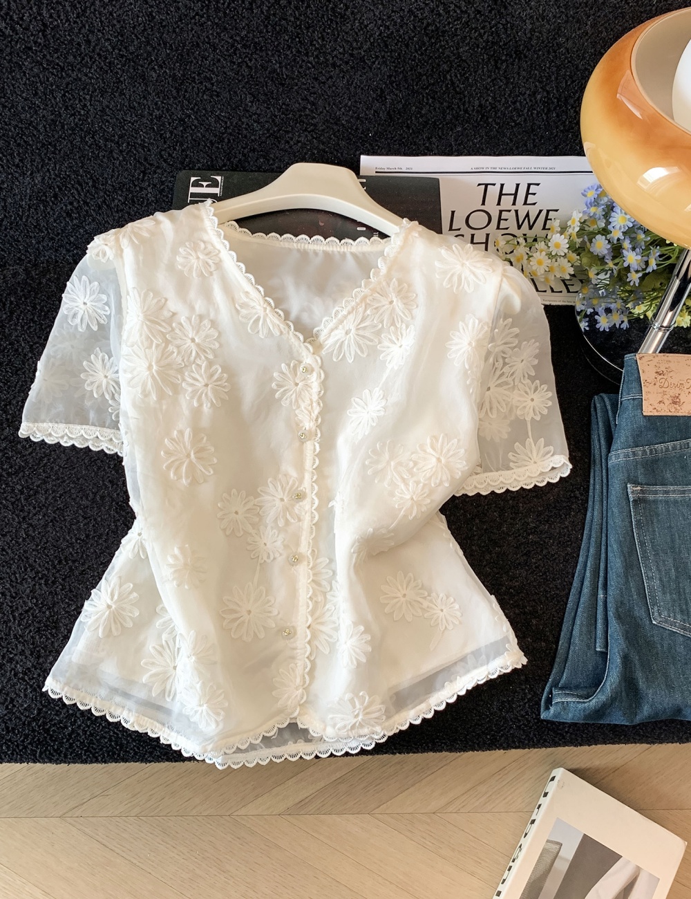 Chiffon embroidery shirts slim tops for women