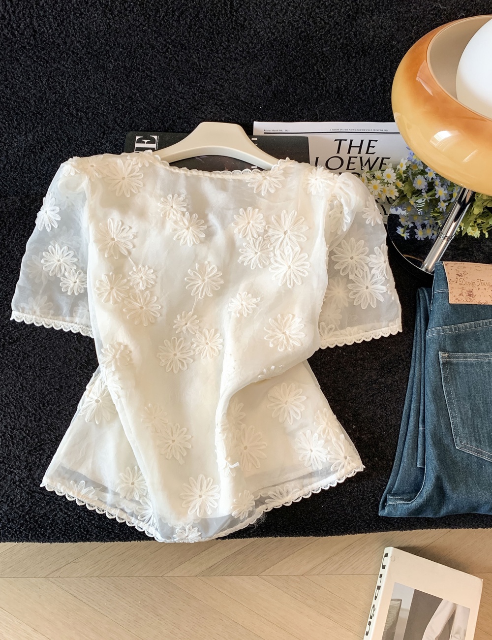 Chiffon embroidery shirts slim tops for women