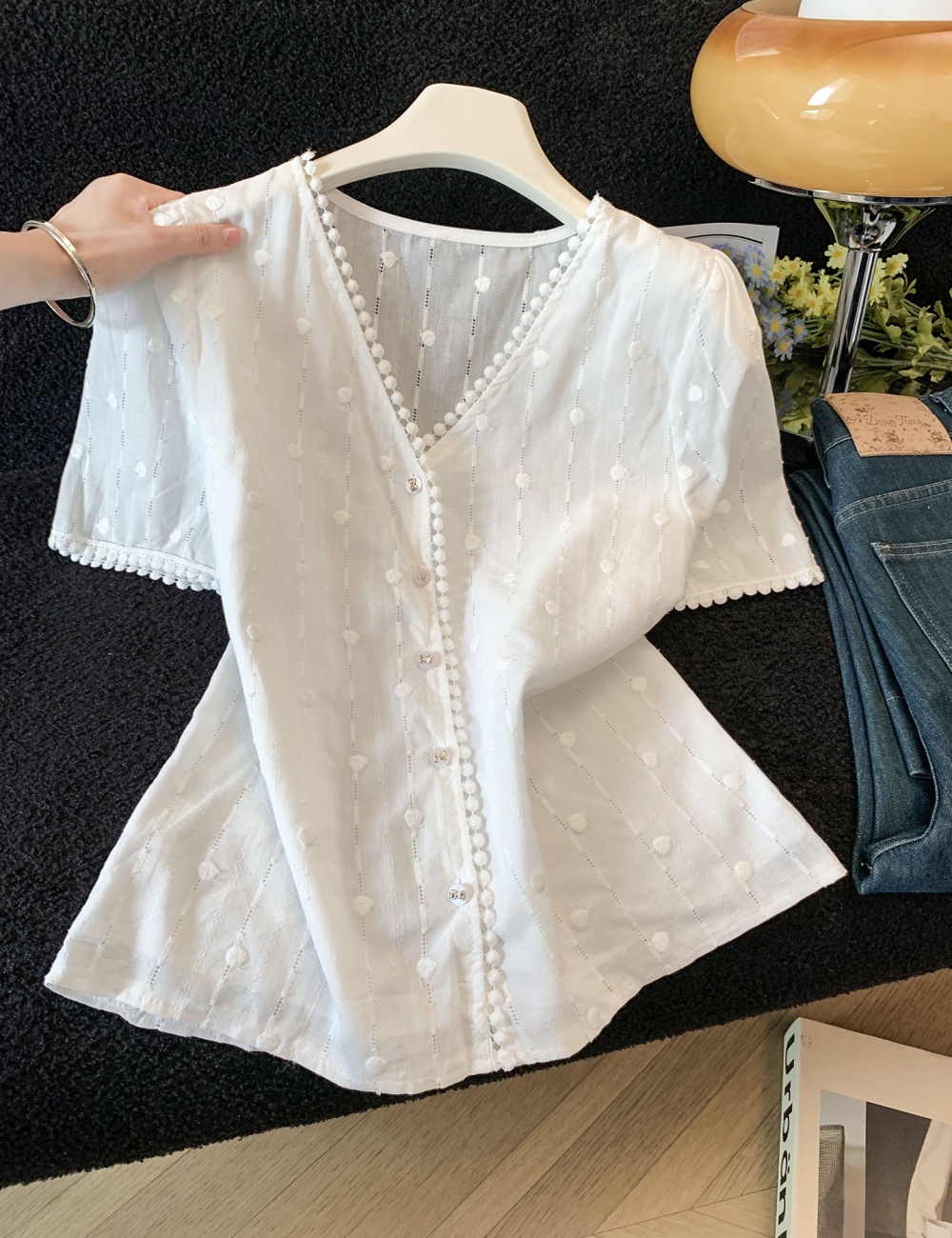 Korean style polka dot chiffon shirt jacquard cotton tops