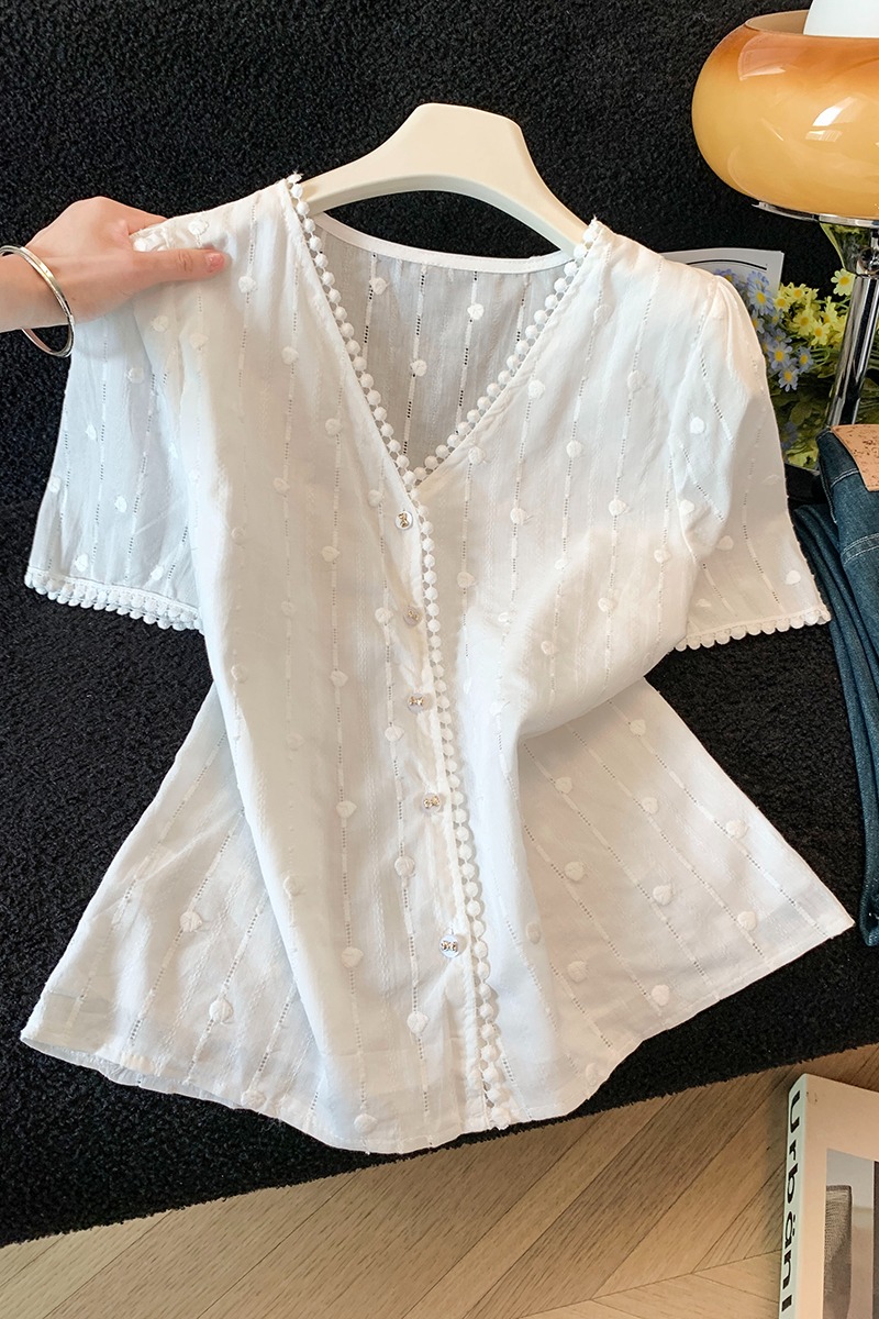 Korean style polka dot chiffon shirt jacquard cotton tops