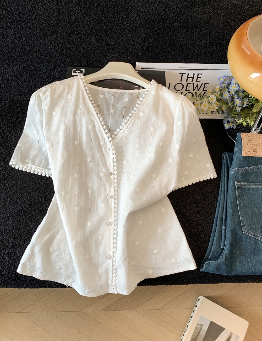 Korean style polka dot chiffon shirt jacquard cotton tops