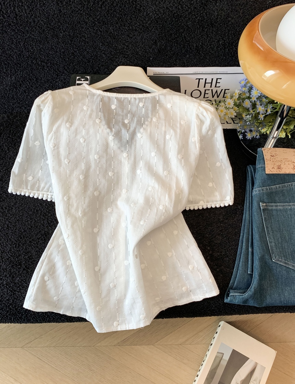 Korean style polka dot chiffon shirt jacquard cotton tops