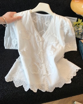 Slim summer shirts lace embroidery tops for women
