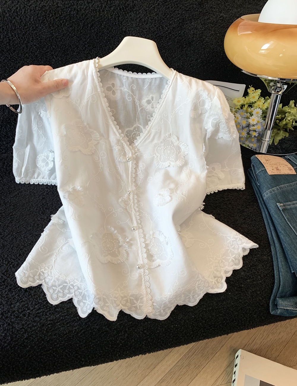 Slim summer shirts lace embroidery tops for women