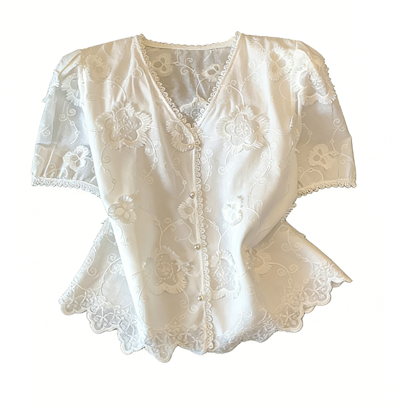 Slim summer shirts lace embroidery tops for women