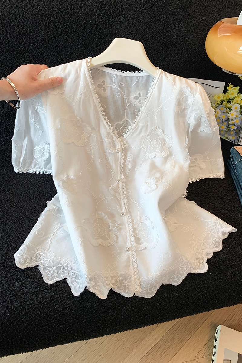 Slim summer shirts lace embroidery tops for women