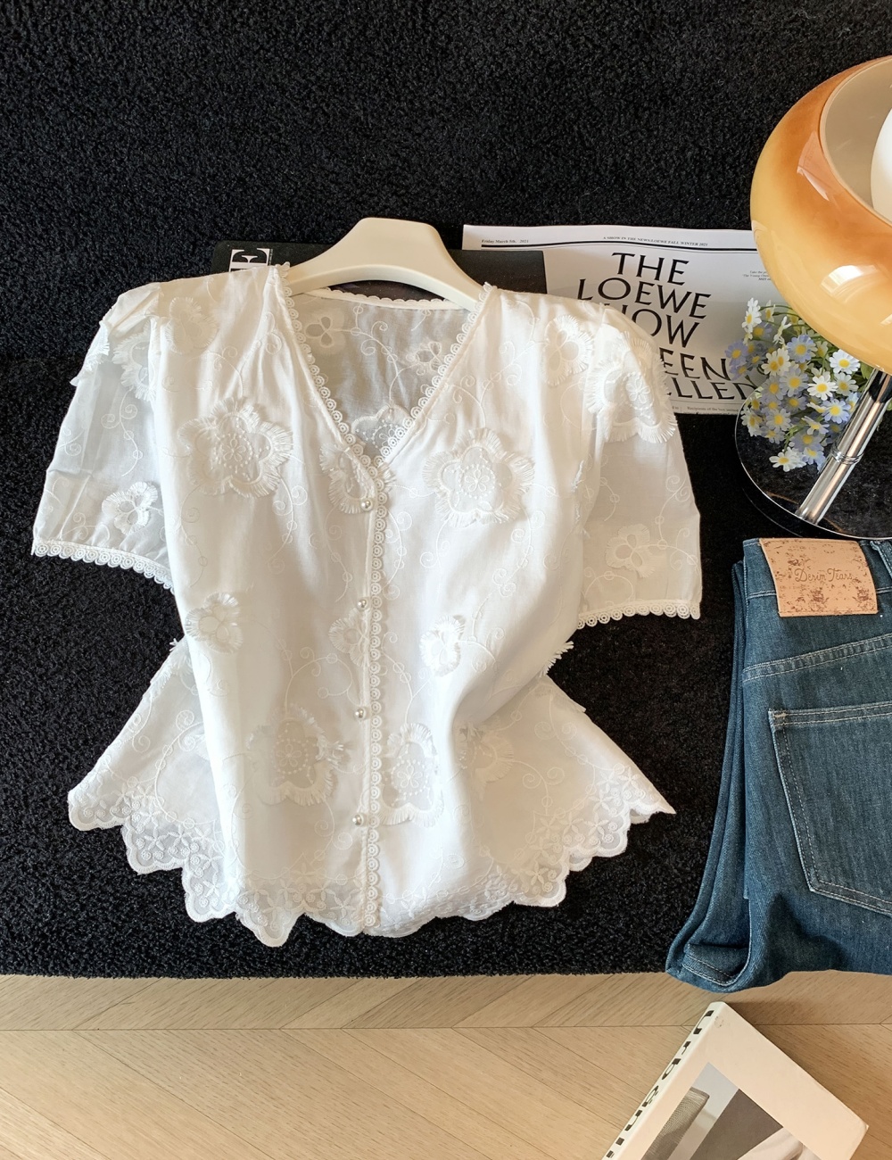 Slim summer shirts lace embroidery tops for women