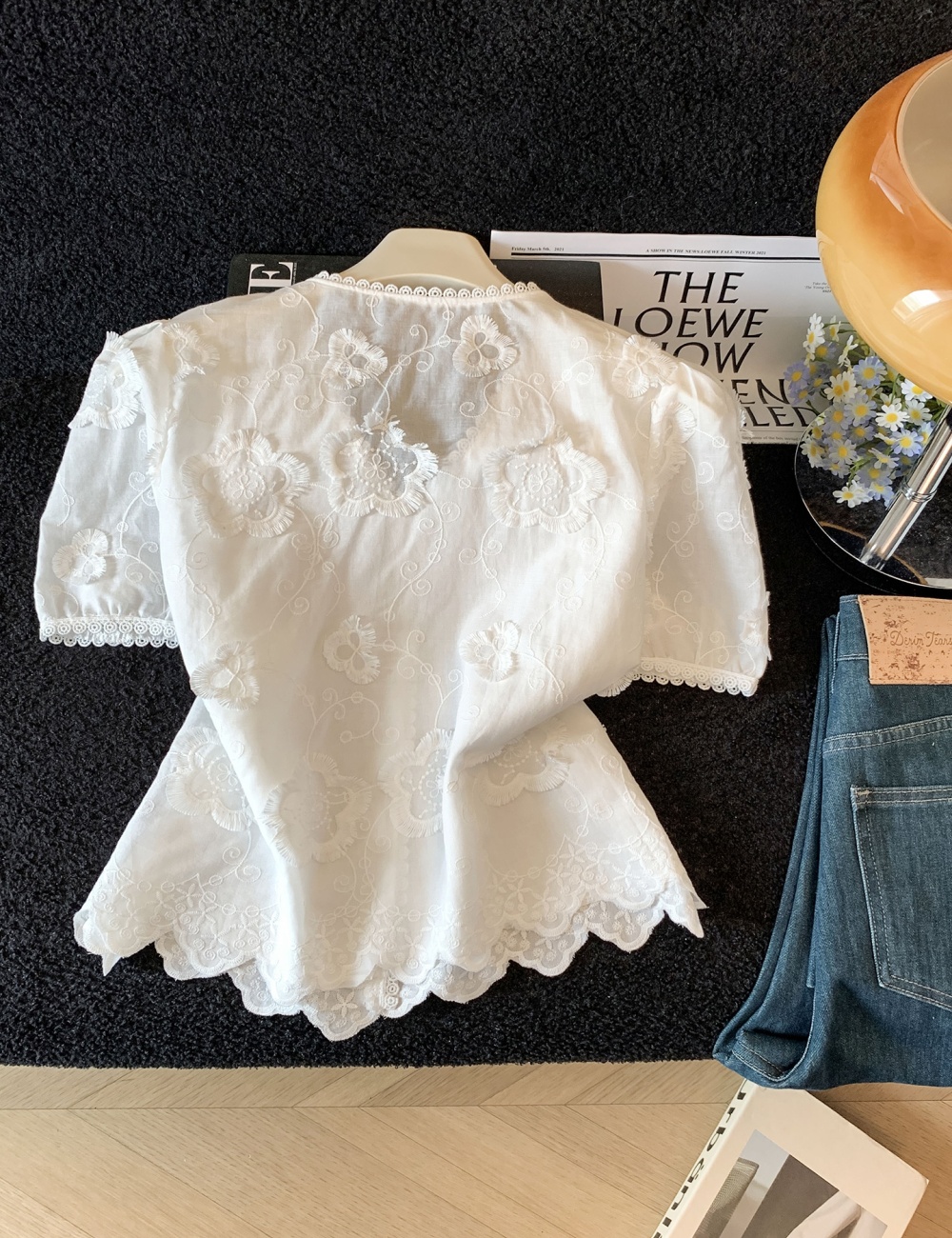 Slim summer shirts lace embroidery tops for women