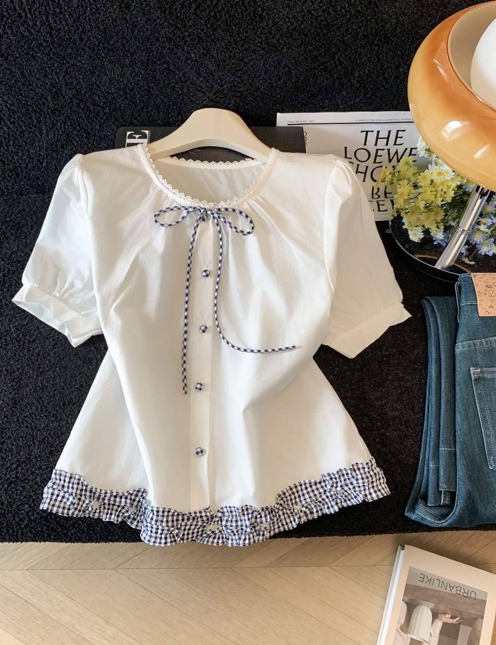 White round neck doll shirt short sleeve shirt for women