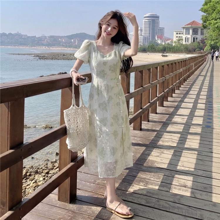 Printing Chinese style pinched waist dress