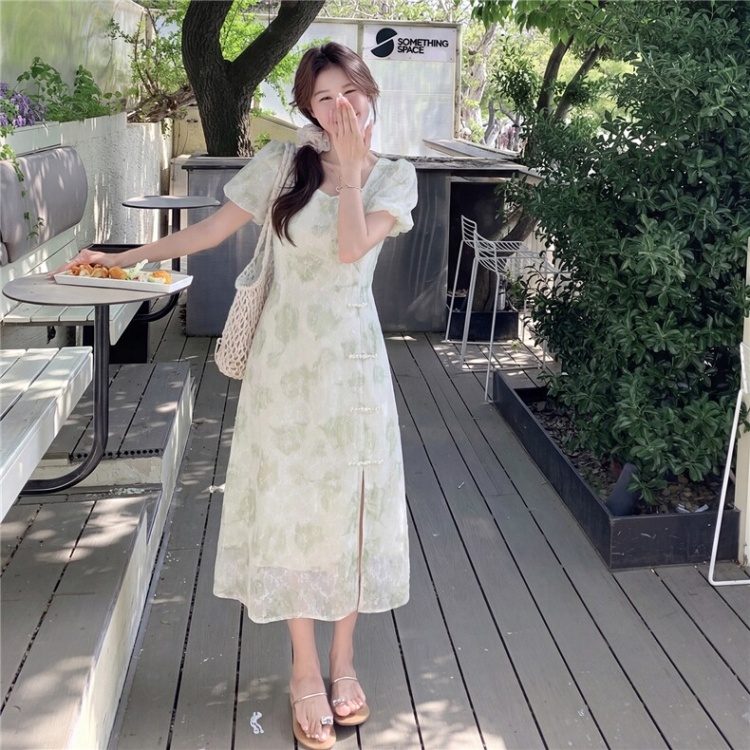 Printing Chinese style pinched waist dress