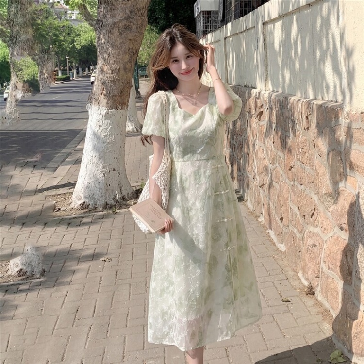 Printing Chinese style pinched waist dress