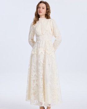 Embroidered court style temperament beading splice fold dress