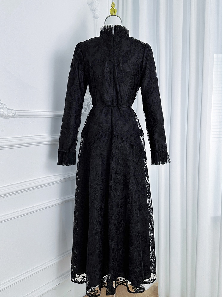 Embroidered court style temperament beading splice fold dress